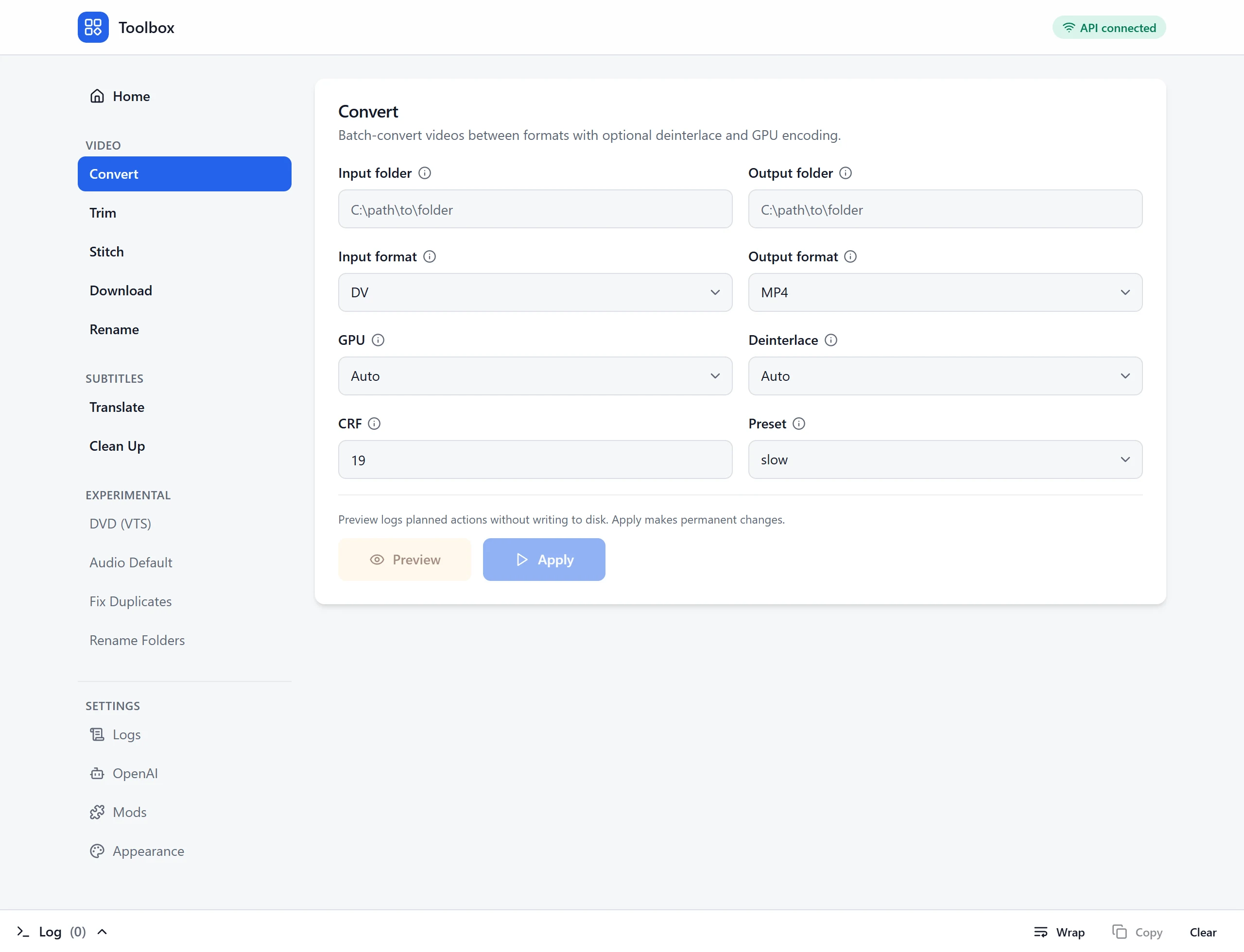 The Convert tool: input and output folders, formats, GPU and quality settings.