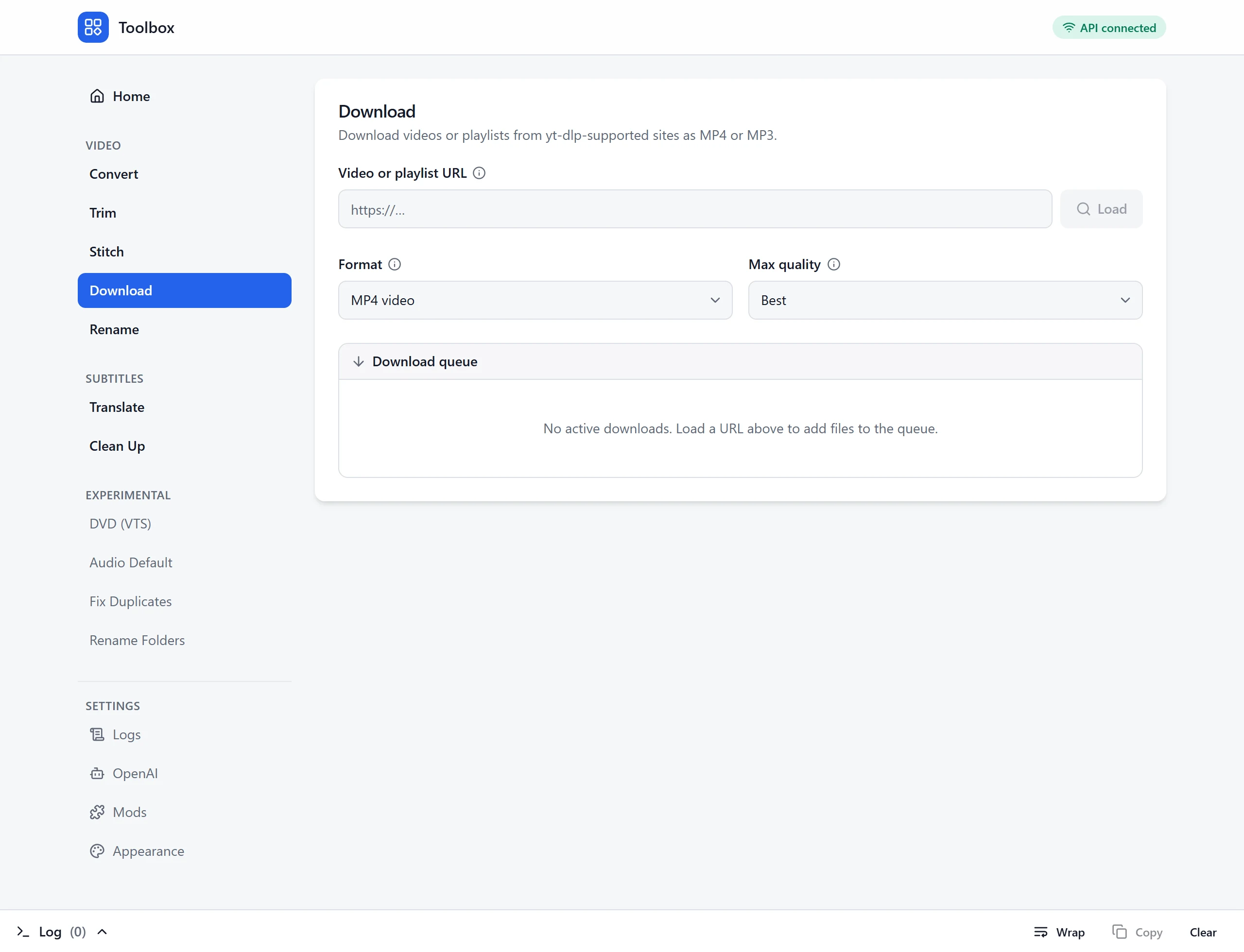 The Download tool: a link field, format and quality choices, and a download queue.
