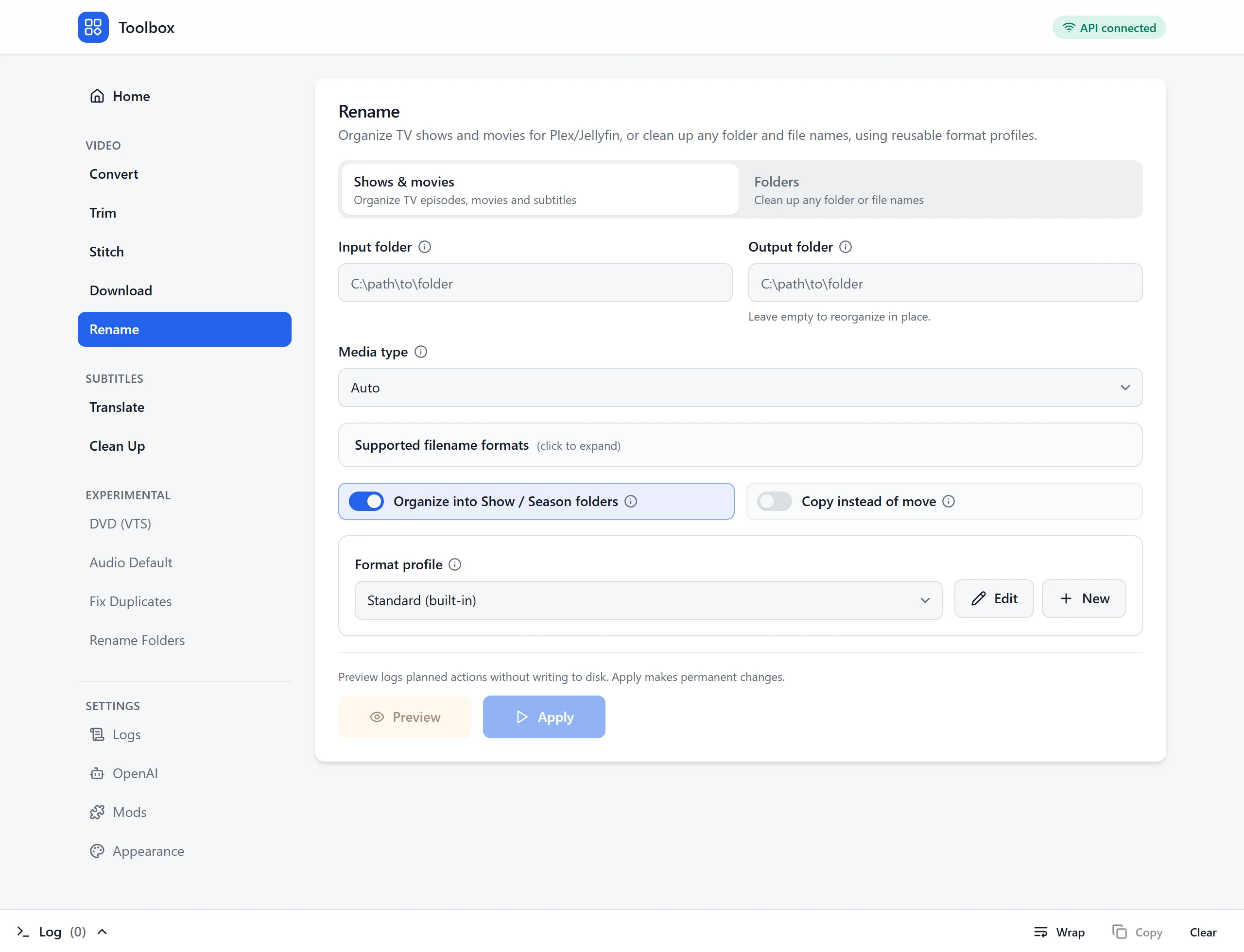 The Rename tool: shows and movies or folders, with a format profile picker.
